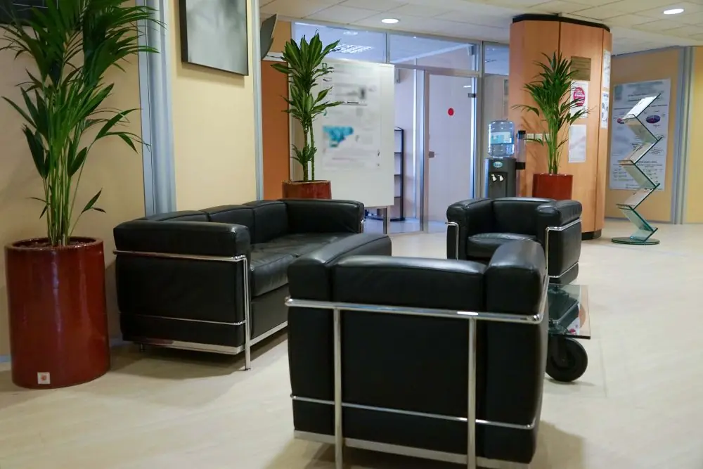 Salle d'attente d'un cabinet médical propre et désinfectée pour l'accueil des patients.
