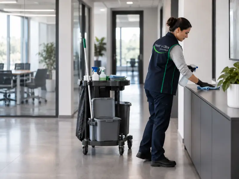 Agente d'entretien Nett' Ultra nettoyant la surface d'un meuble de bureau avec un spray et un chiffon microfibre, à côté de son chariot de nettoyage équipé.